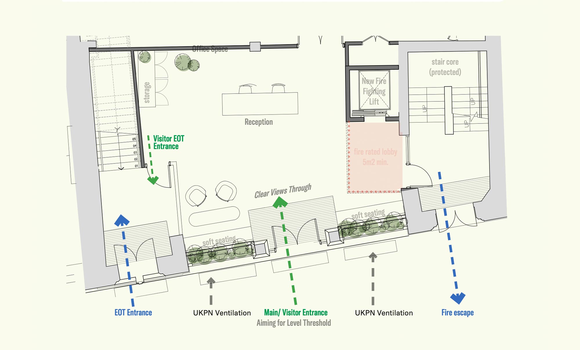 Facade and reception plans